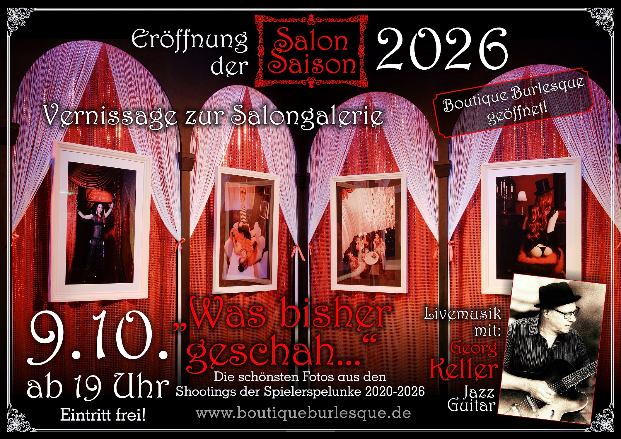 Eröffnung der SalonSaison 2026 mit einer Vernissage zur burlesken Fotogalerie Eröffnung der SalonSaison 2026 mit einer Vernissage zur burlesken Fotogalerie